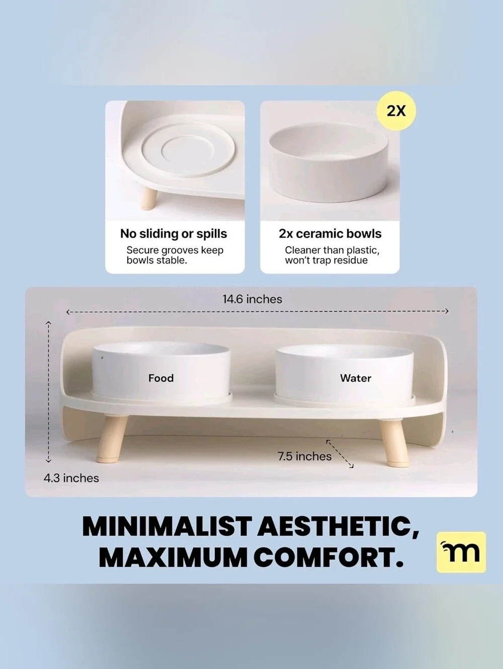 MalsiPree Dog Bowls Elevated & Pet Bowls - Small, Sand Beige - 45° Tilt Stand wi